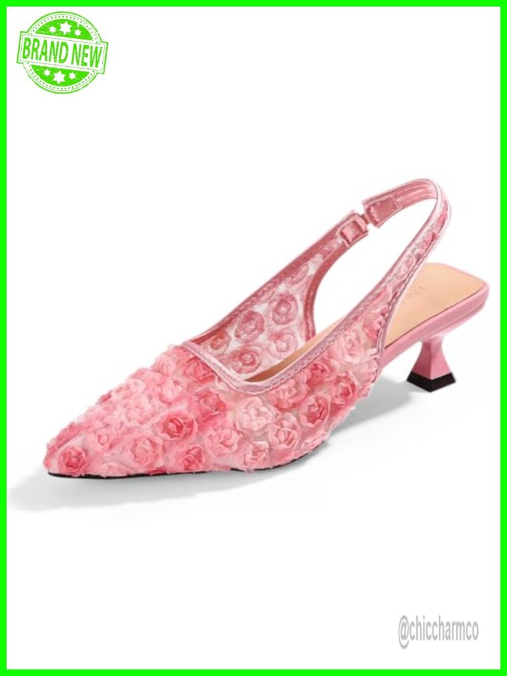 Women's Kitten Heels Lace Slingback Pointed Toe Floral Mesh Low Heel Dress